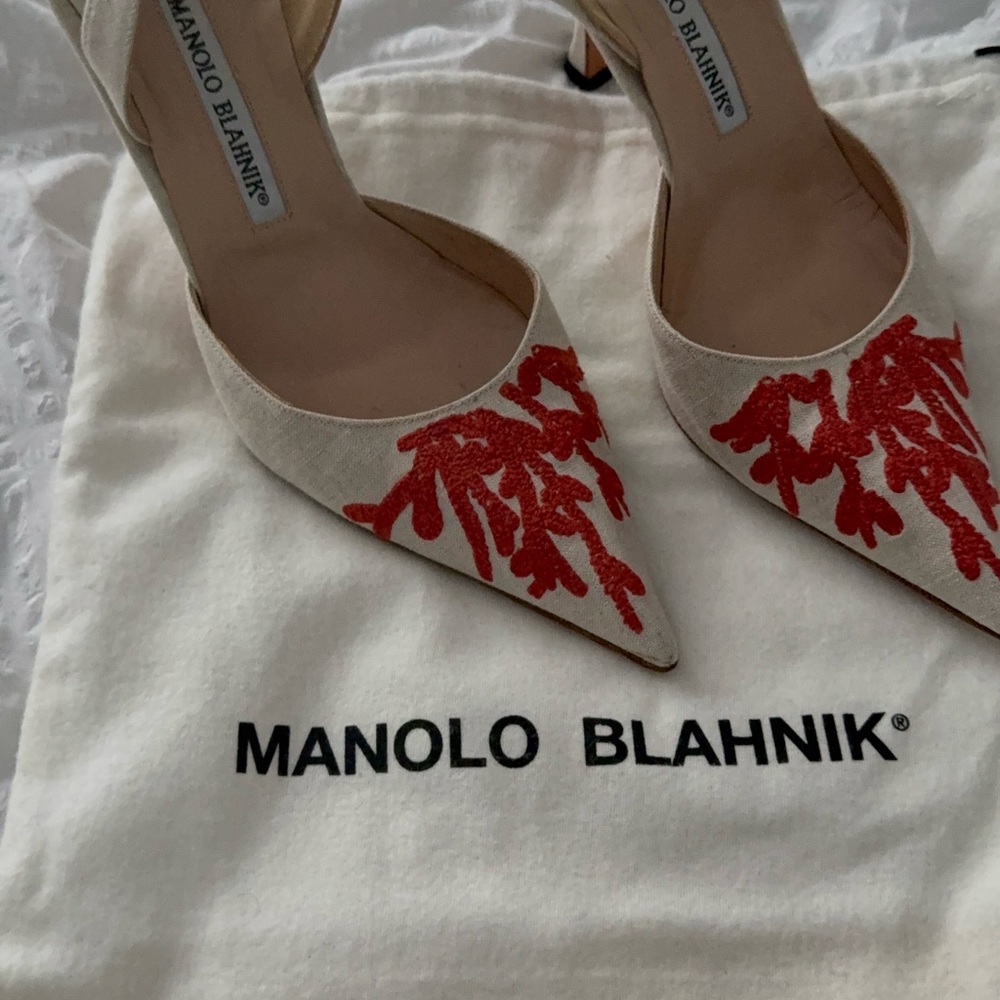 Manolo Blahnik Cream Heels with Red Embroidery